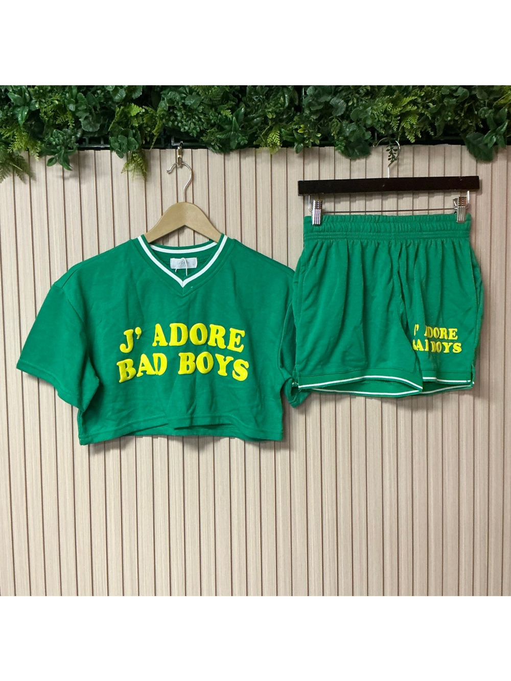 Bless Sport J'adore Bad Boys Cropped Top & Shorts Set Kelly Green Size L